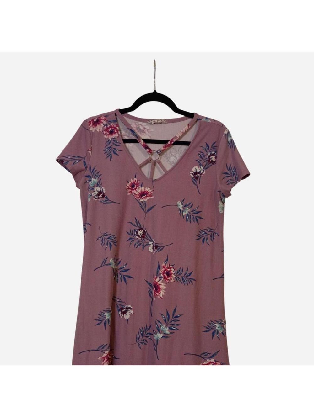 Pink Rose L Mauve Floral Swing Dress V Neck Strappy Short Sleeve Boho - Picture 2 of 7